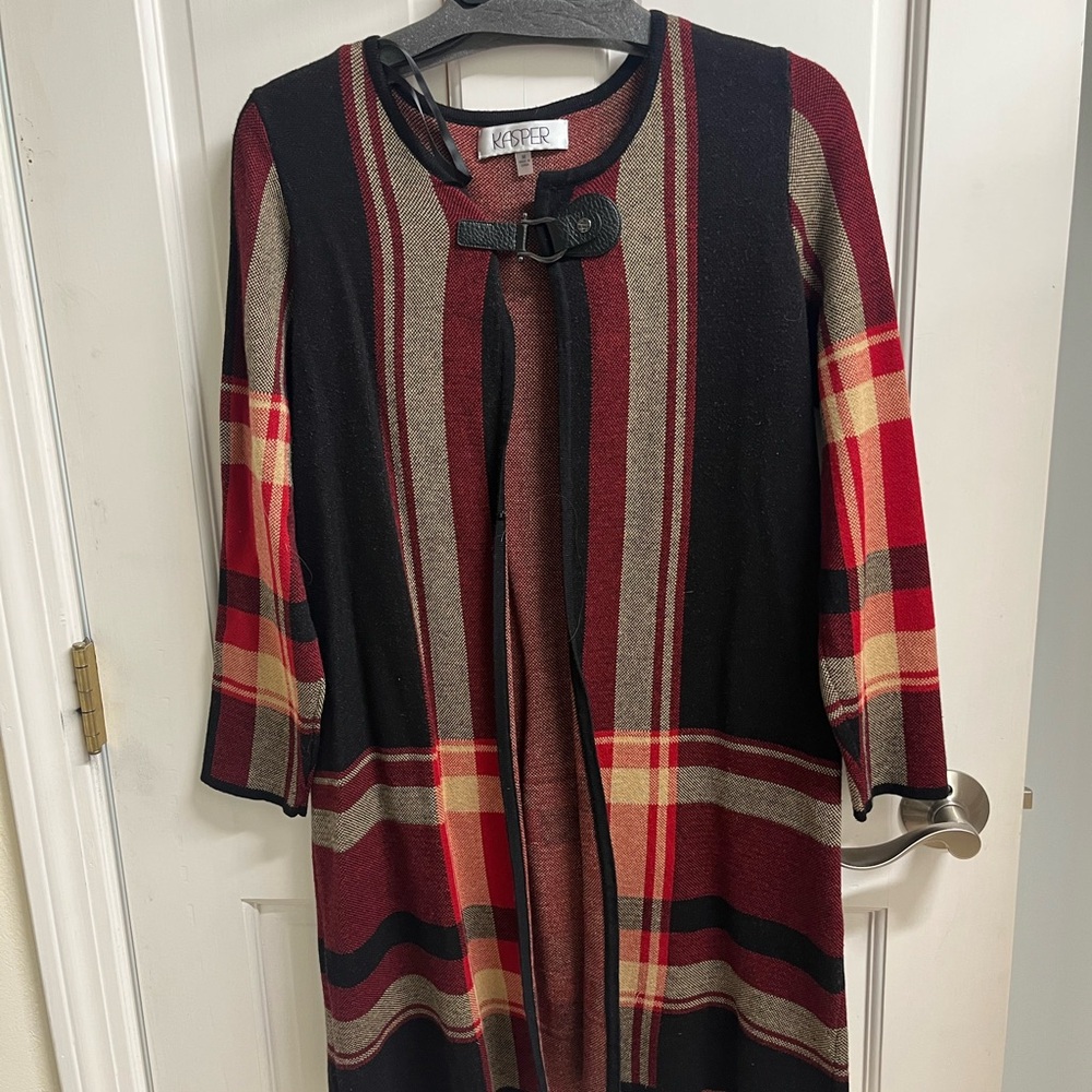 Kasper Black, Red & Tan Striped Plaid Open Cardigan